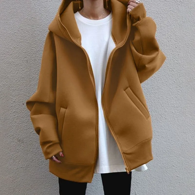 Fashionkova  Women Hooded Sweatshirts Solid Hoodies Coats 2022 Autumn Winter Cardigan Zipper Casual Loose Plus Size Pocket Jackets