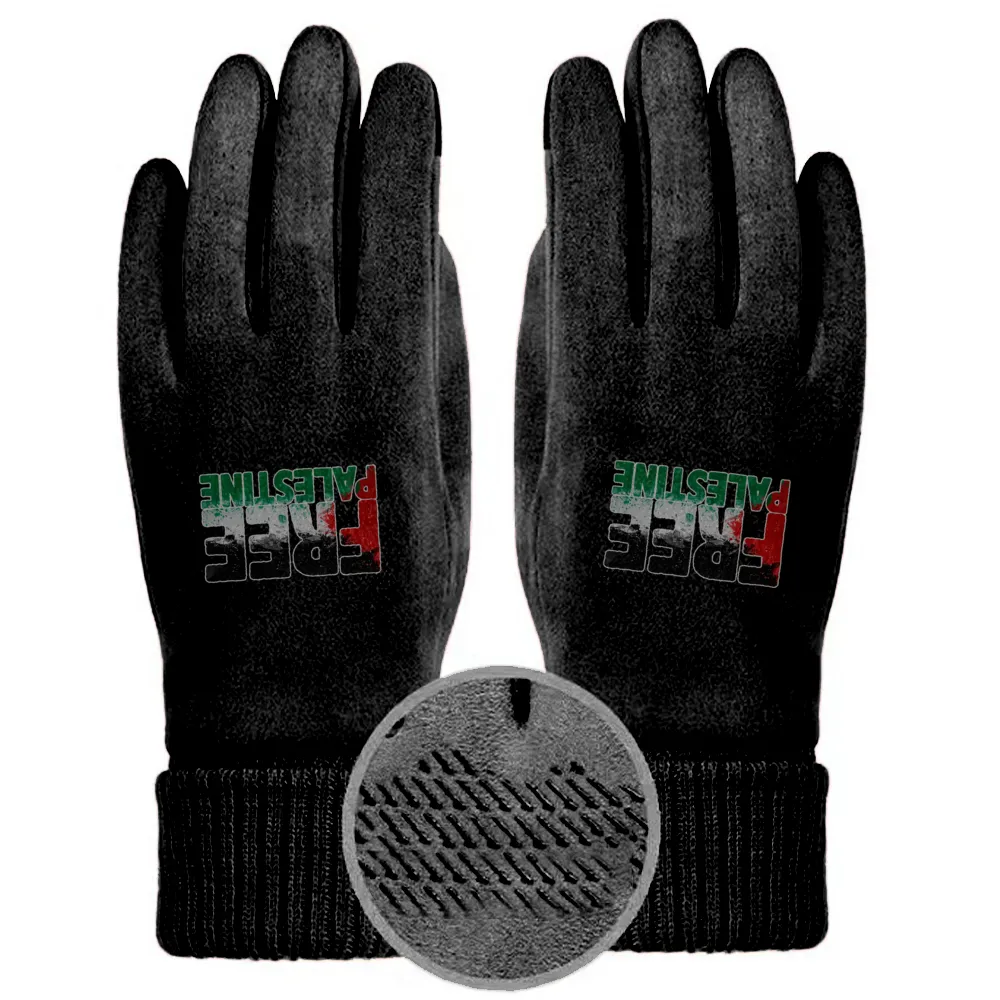 Free Palestine Sticker Unisex Suede Fabric Gloves - Black