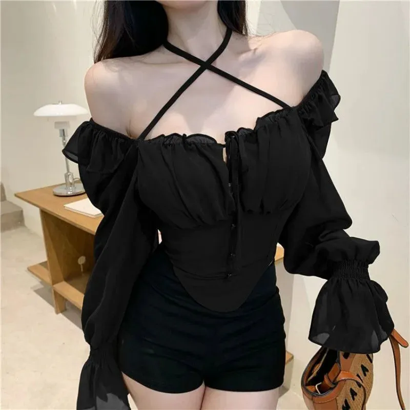 French Sexy Slim Chiffon Shirt Ruffle Slash Neck HotSweet Women's Clothing Crop Top Shirts And Blouses Elegant Female Blouses