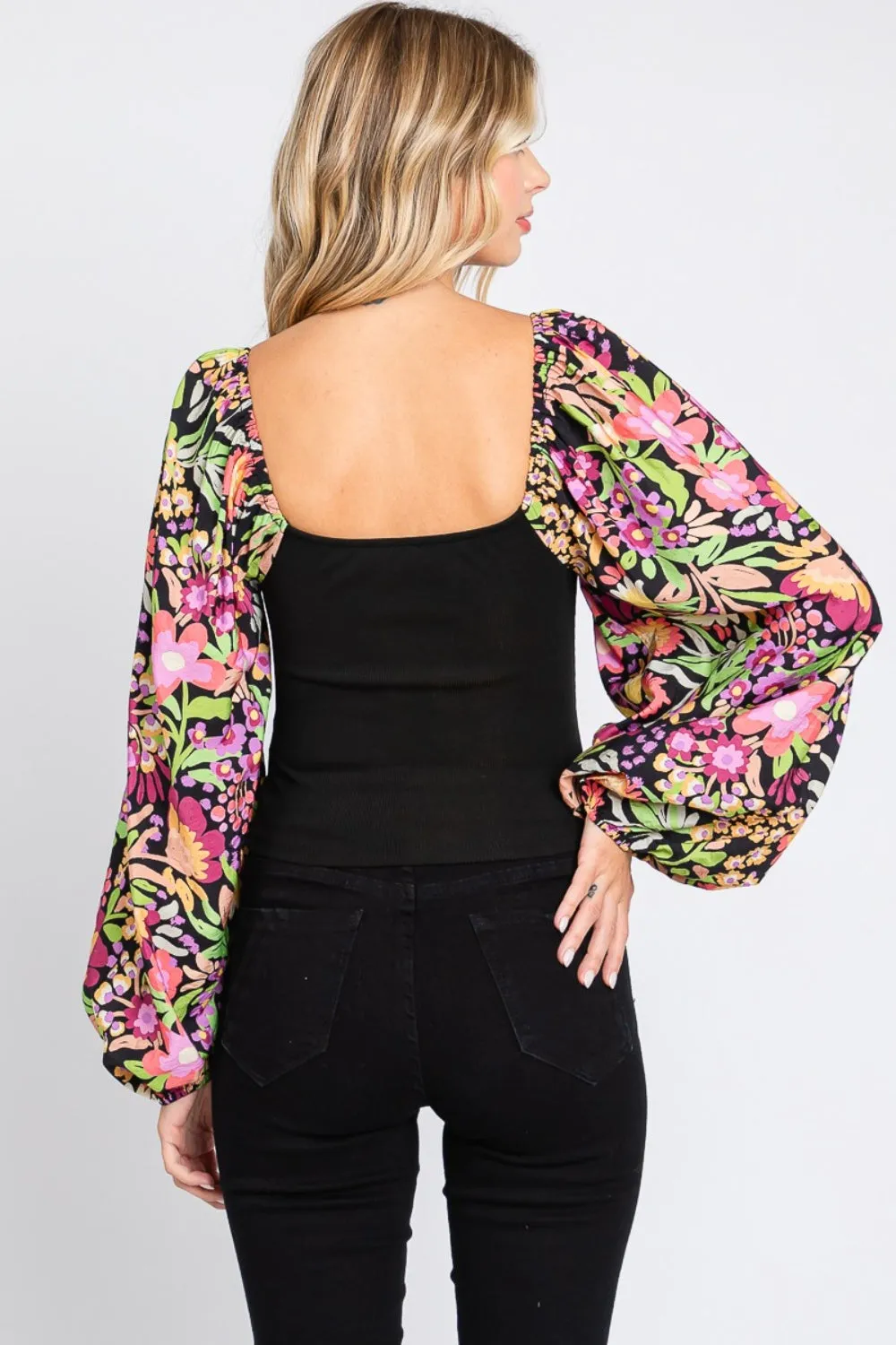 Full Size Floral Balloon Sleeve Blouse