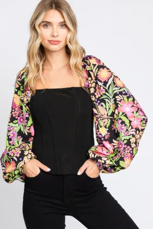 Full Size Floral Balloon Sleeve Blouse