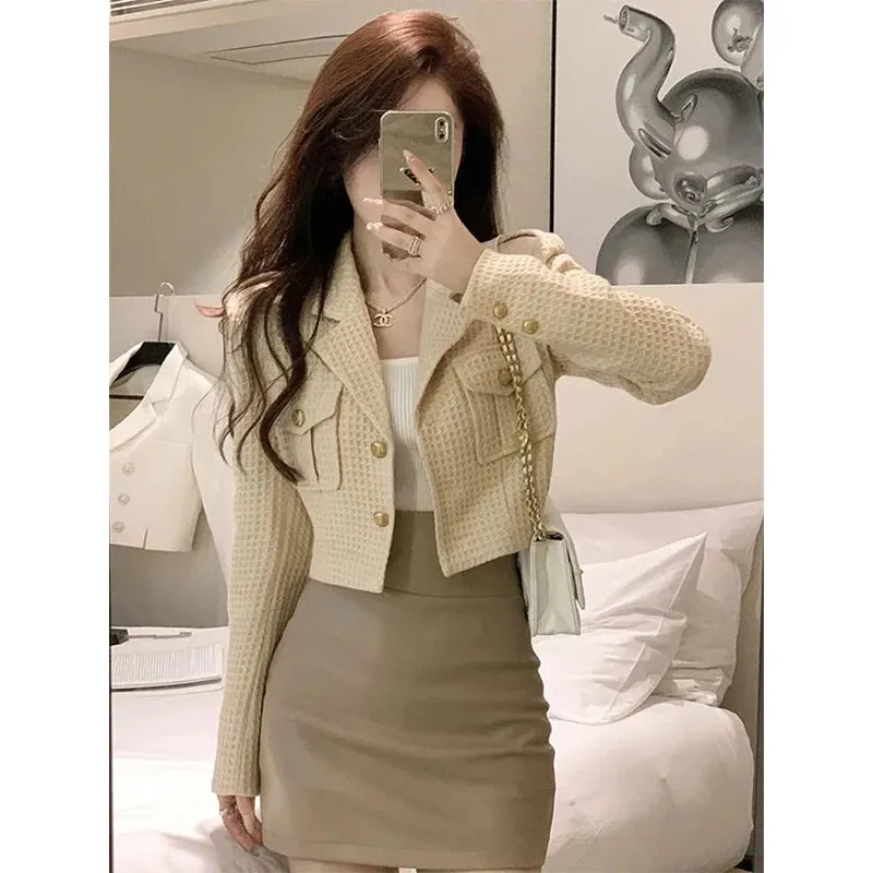 Girlary Cropped Jackets Women Elegant Basic Blazer Coats Office Lady Korean Autumn Long Sleeve Slim Simple All Match Outwear New