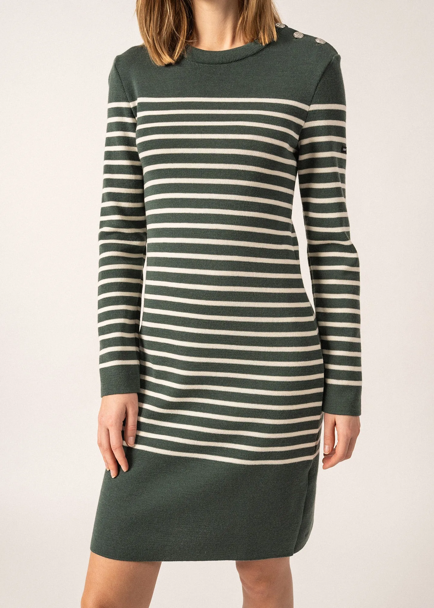 Grande Marée striped jumper dress - in wool, shoulder buttoning (VEGETAL/ECUME)