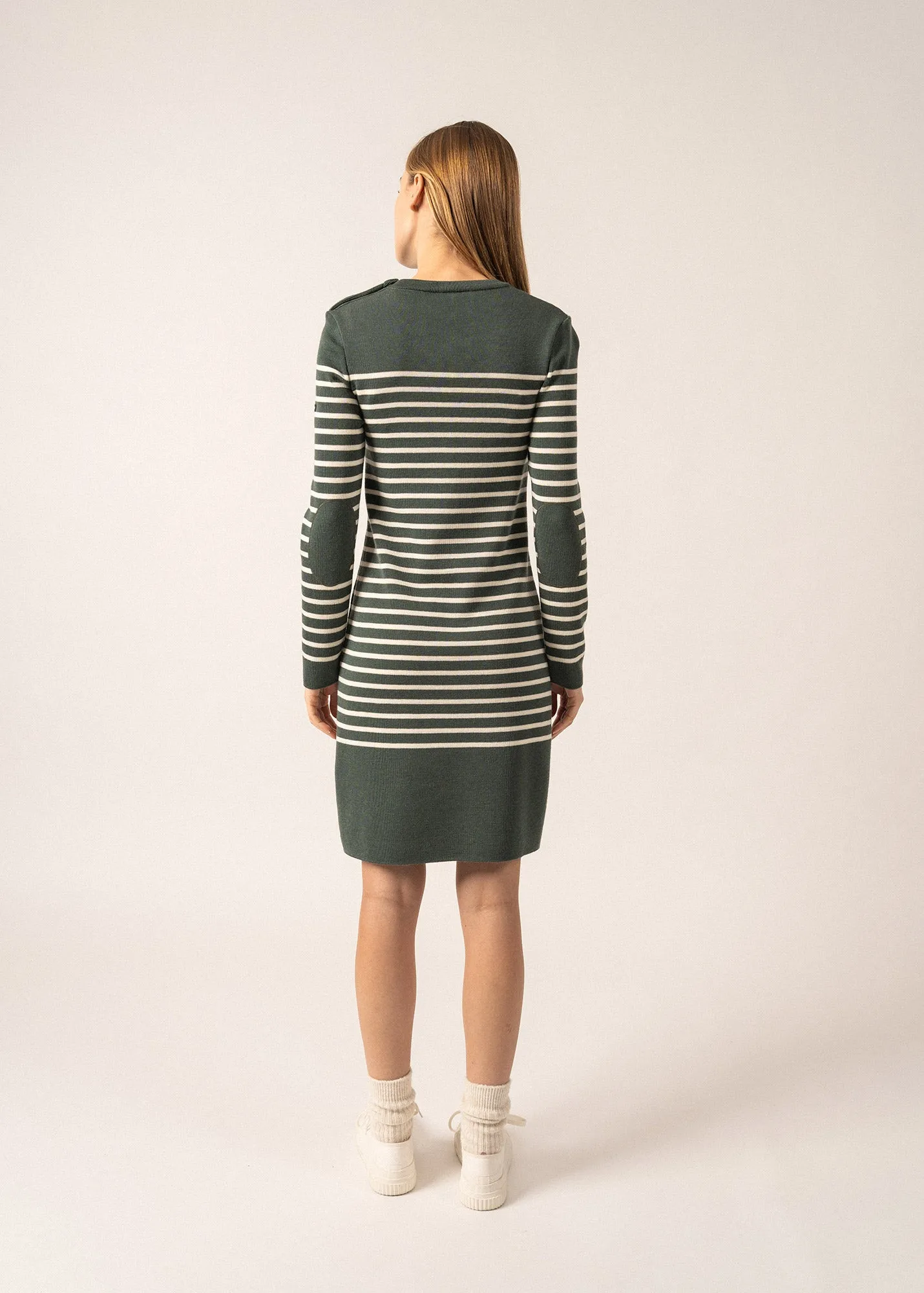 Grande Marée striped jumper dress - in wool, shoulder buttoning (VEGETAL/ECUME)