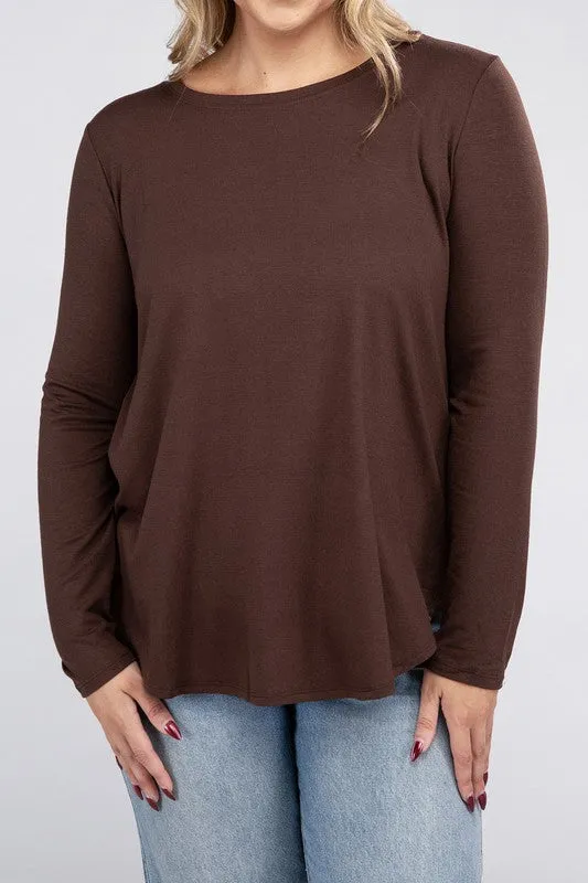 Hi Curvy Plus Size Women Long Sleeve Round Neck Round Hem Top