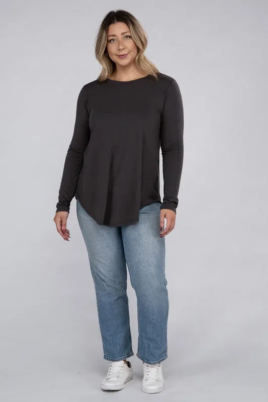 Hi Curvy Plus Size Women Long Sleeve Round Neck Round Hem Top