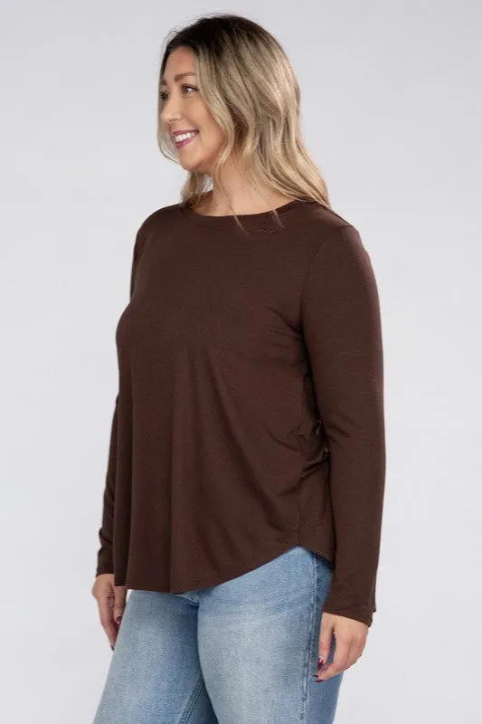 Hi Curvy Plus Size Women Long Sleeve Round Neck Round Hem Top