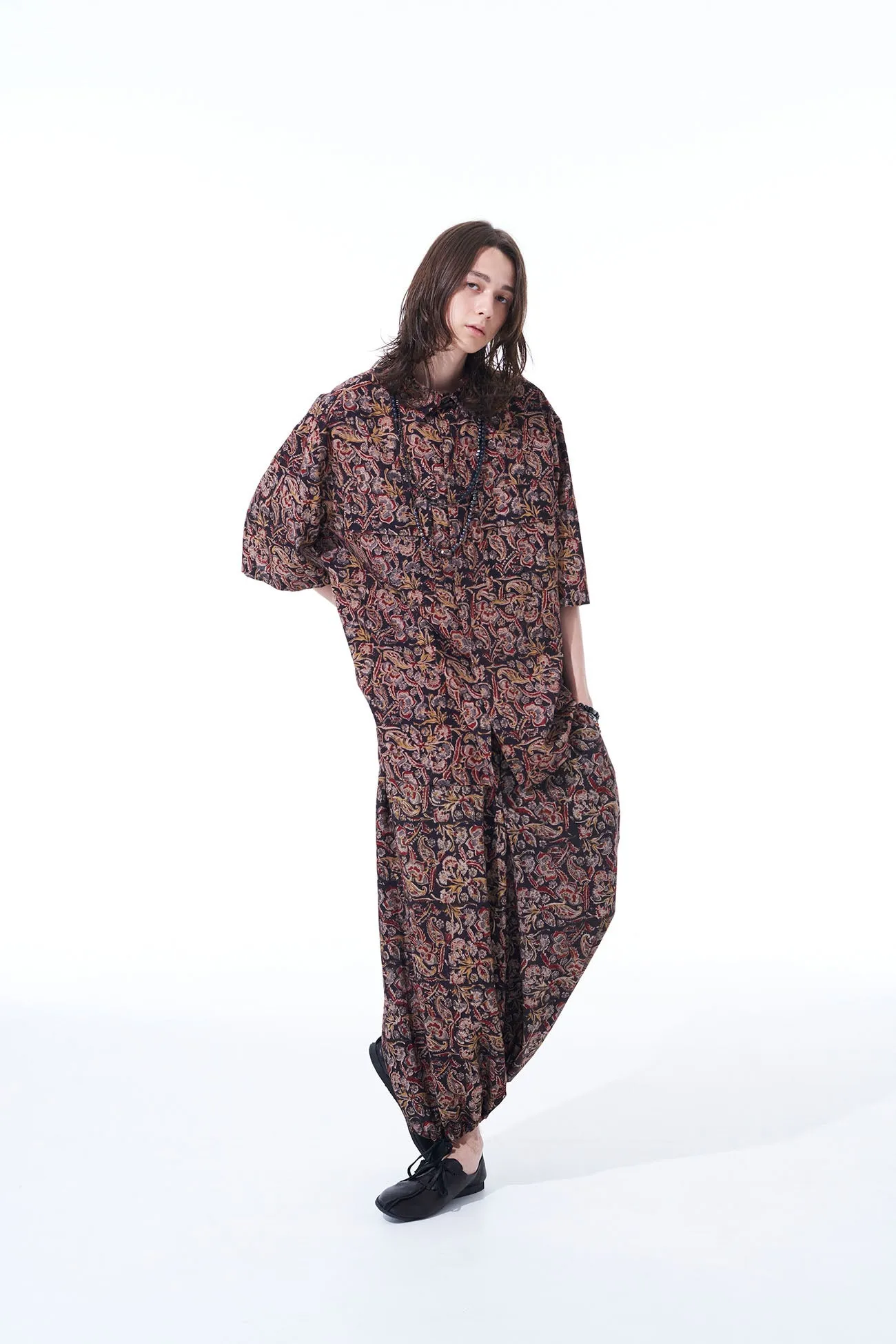 INDIAN BLOCK PRINTED PAISLEY HALF-SLEEVE BIG SHIRT WITH FLAP POCKETS