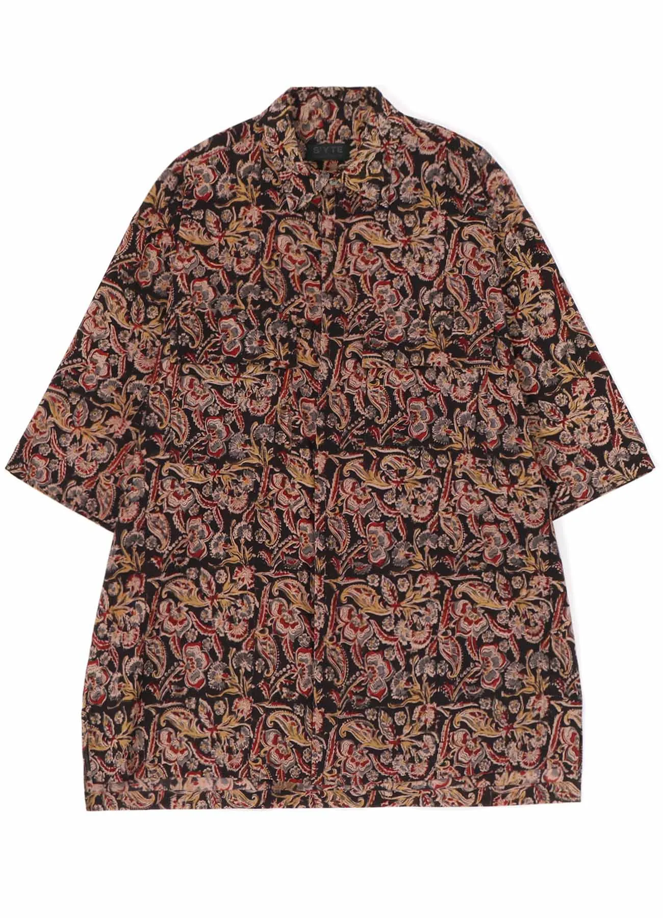 INDIAN BLOCK PRINTED PAISLEY HALF-SLEEVE BIG SHIRT WITH FLAP POCKETS