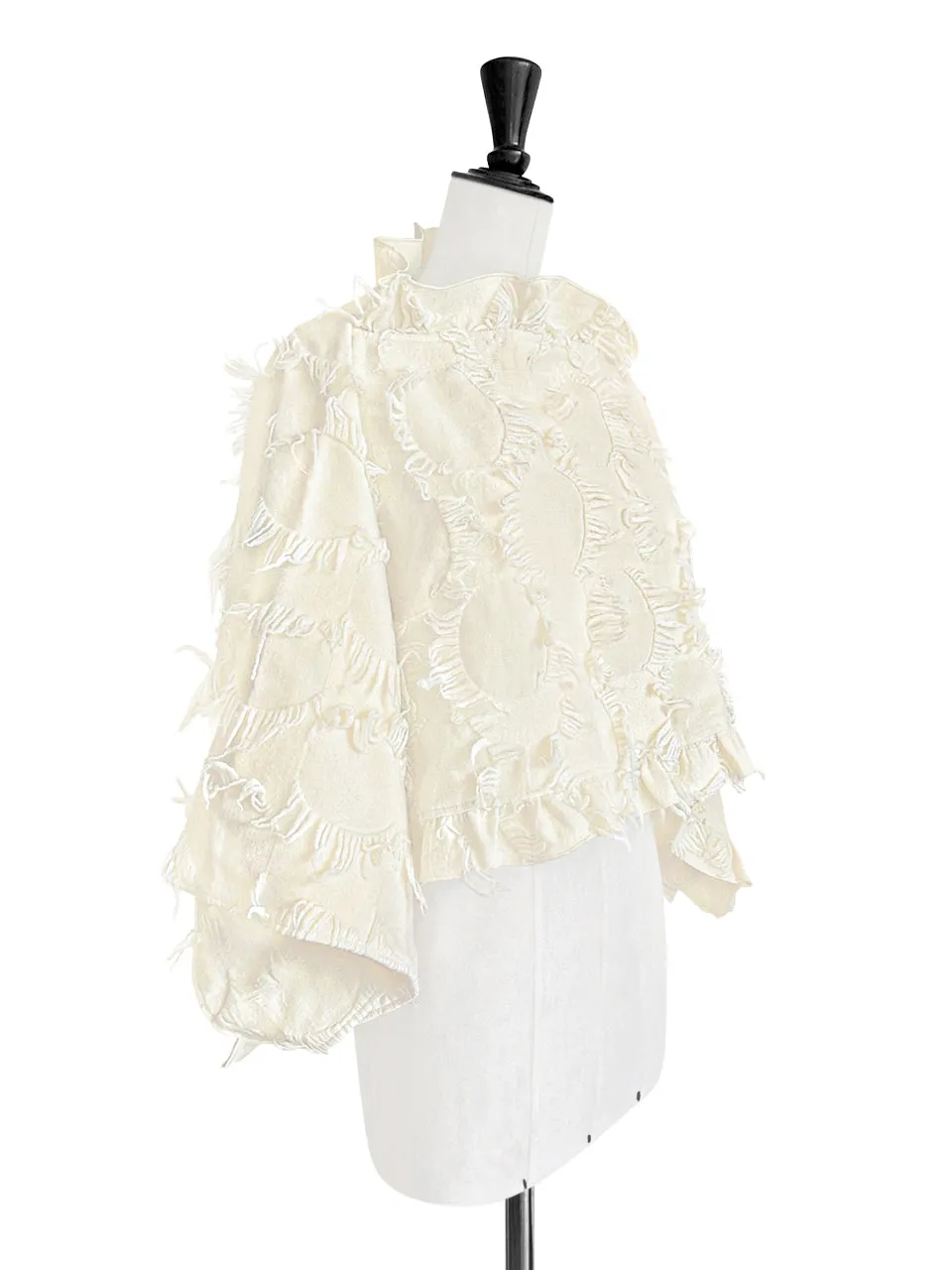 Last Chance! Creamy Textured Tassel Three Way Ruffled Cape Cardi - Crop Top