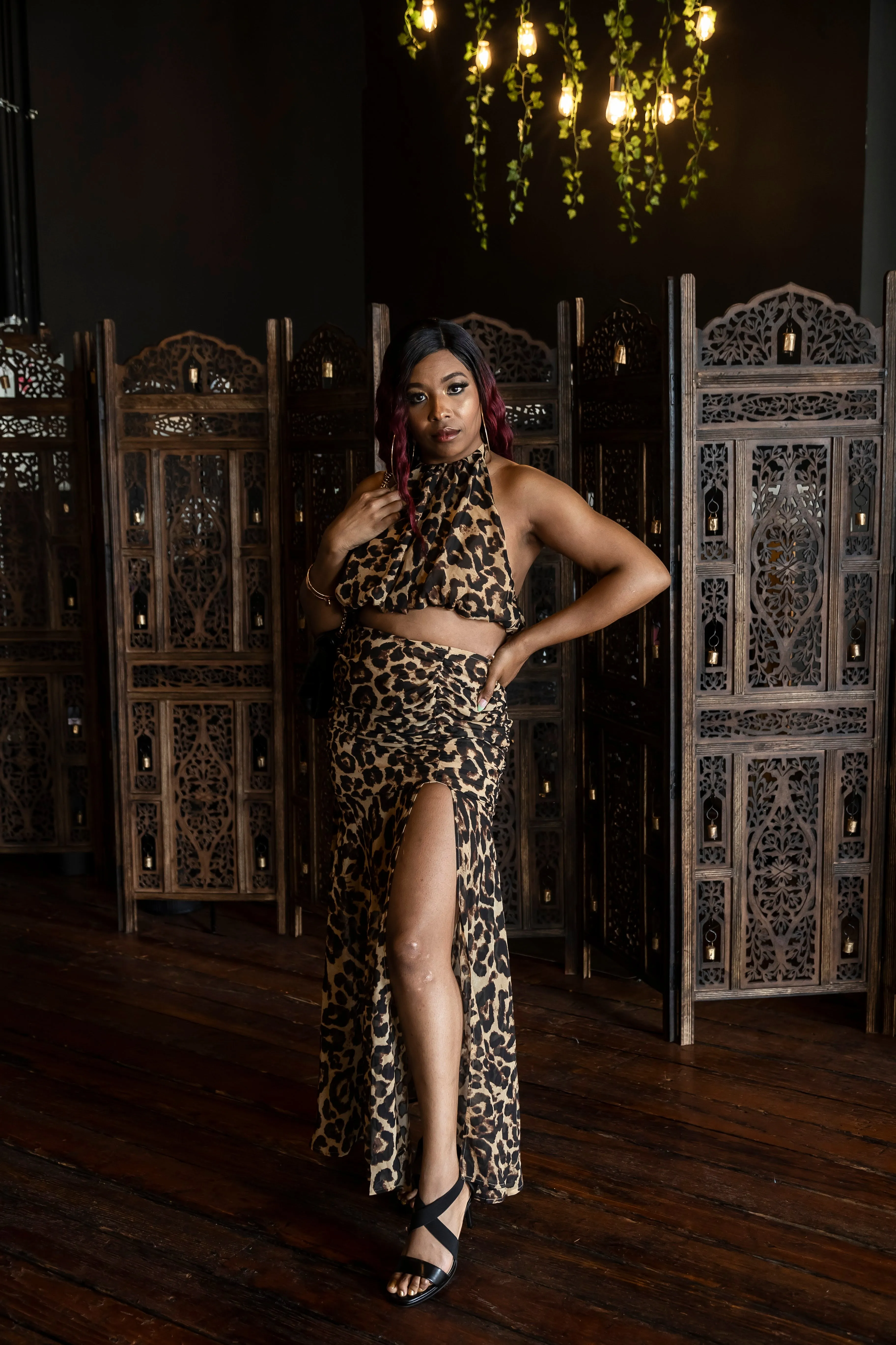 Leopard Print Halter Crop Top and Ruched Skirt Set