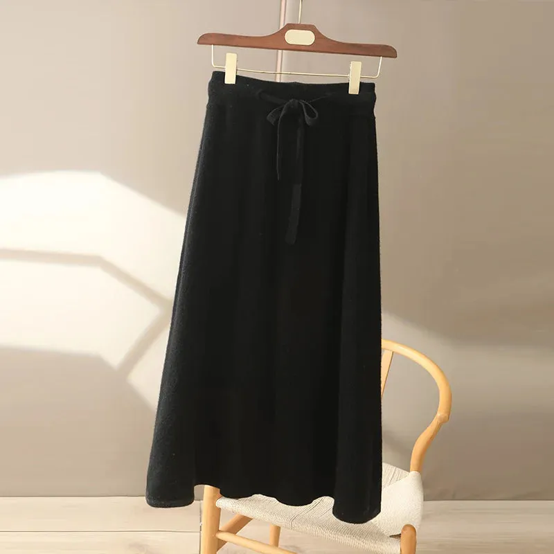 LVSANW Autumn And Winter100% Pure Wool Skirt Women's Long Pocket Small A Skirt High Waist Slim Cashmere Knit A-Line Skirt