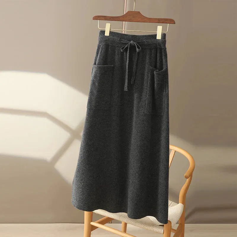 LVSANW Autumn And Winter100% Pure Wool Skirt Women's Long Pocket Small A Skirt High Waist Slim Cashmere Knit A-Line Skirt