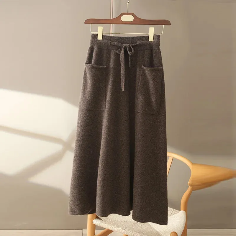 LVSANW Autumn And Winter100% Pure Wool Skirt Women's Long Pocket Small A Skirt High Waist Slim Cashmere Knit A-Line Skirt