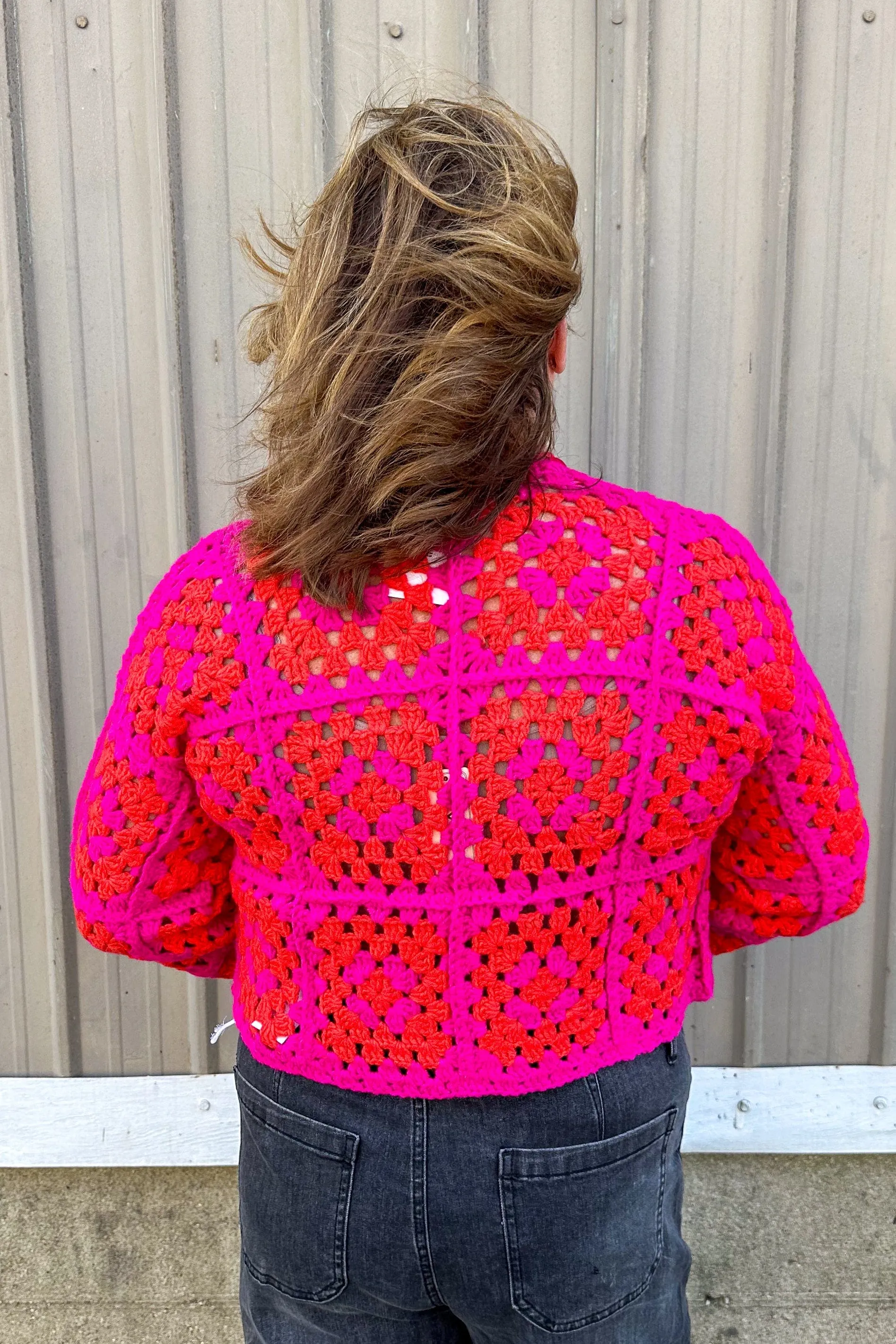 Magenta & Orange Crochet Square Cardigan