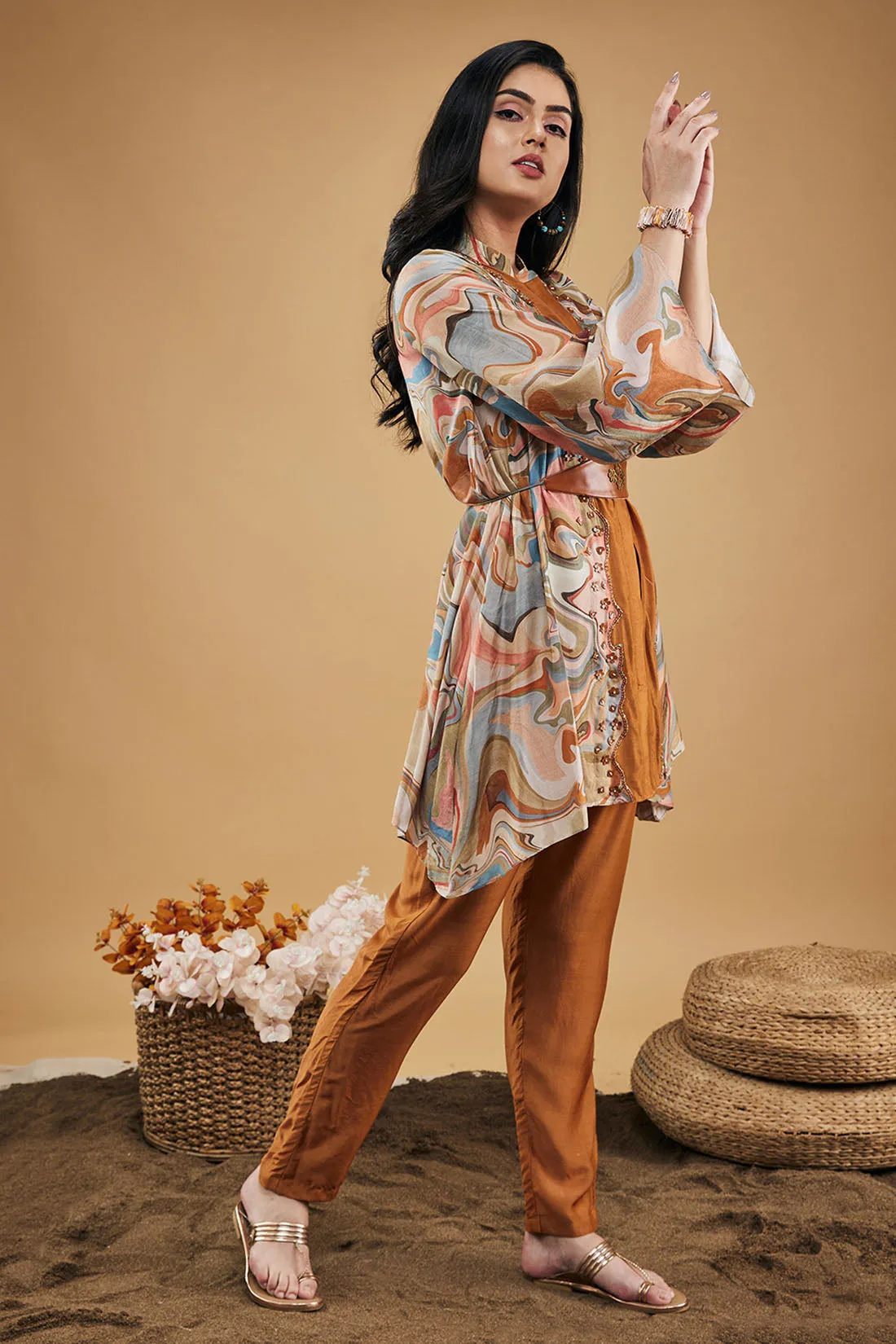 Marble Mosaic Embellished Kurta Set With Belt