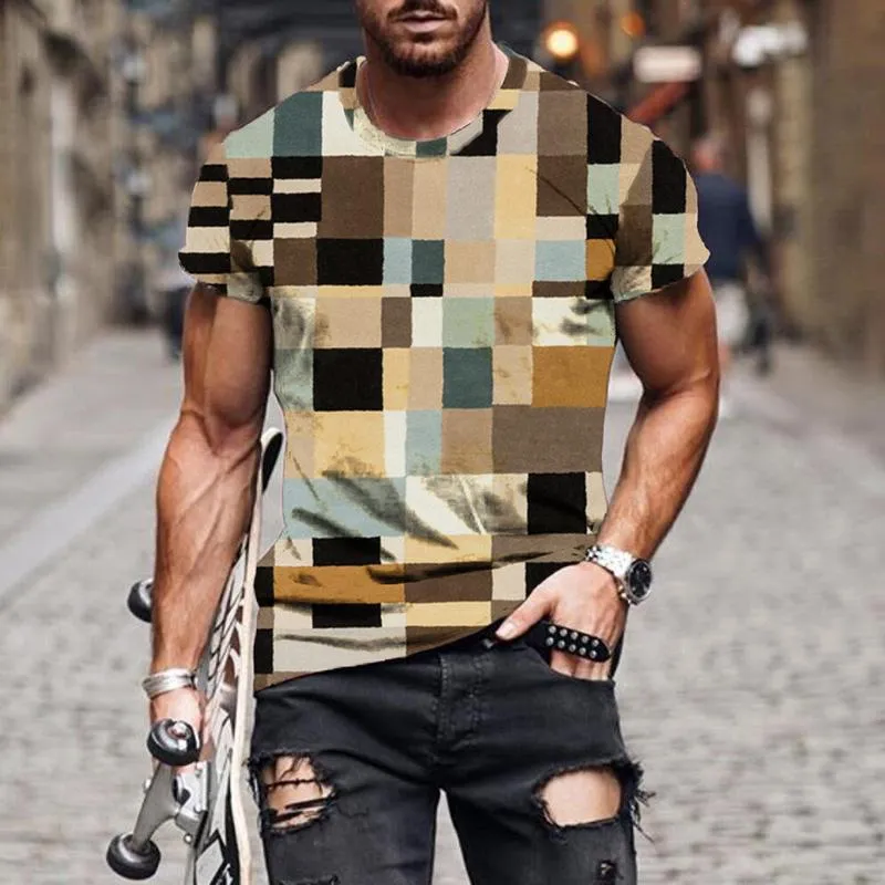 Men's Check Pattern 3D Printed Short Sleeve T-Shirt 88014989YM