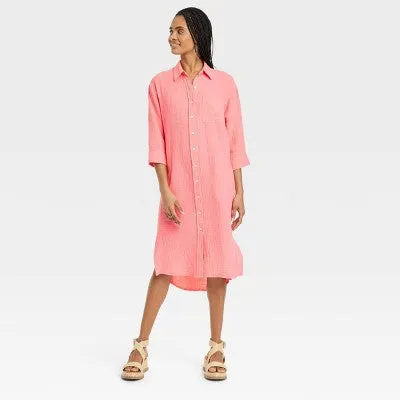 New - Universal Thread Women's 3/4 Sleeve Midi Button Down Shirt Dress