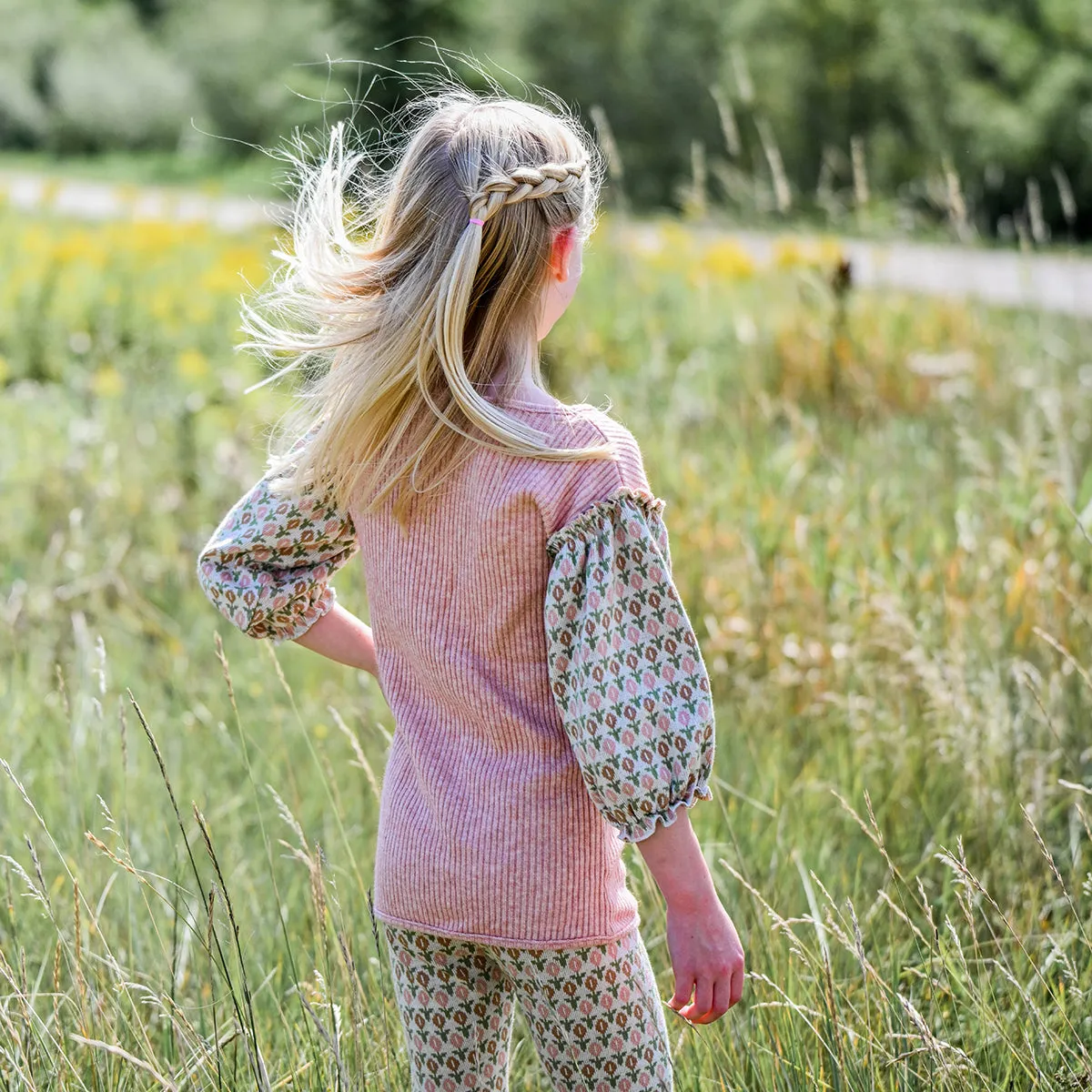 oh baby! Nellie Sweaterknit Blouse - Tulip Print Puff Sleeves - Warm Pink