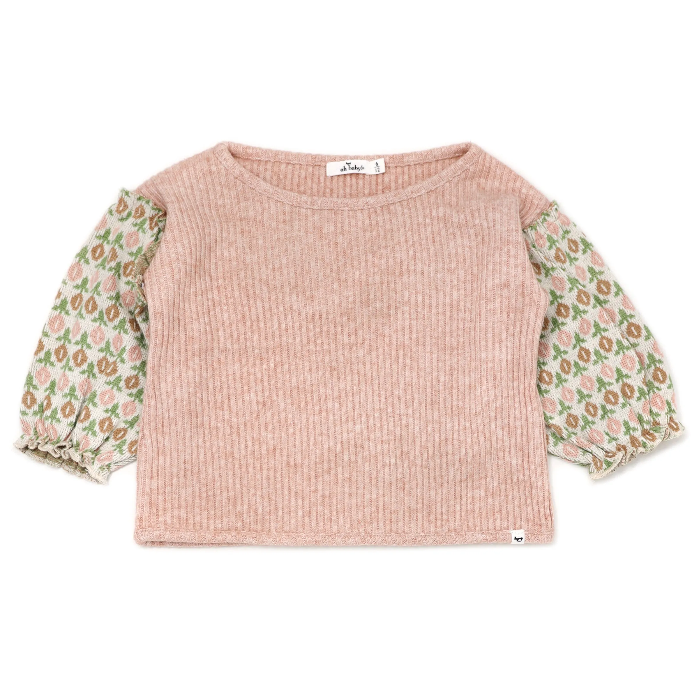 oh baby! Nellie Sweaterknit Blouse - Tulip Print Puff Sleeves - Warm Pink