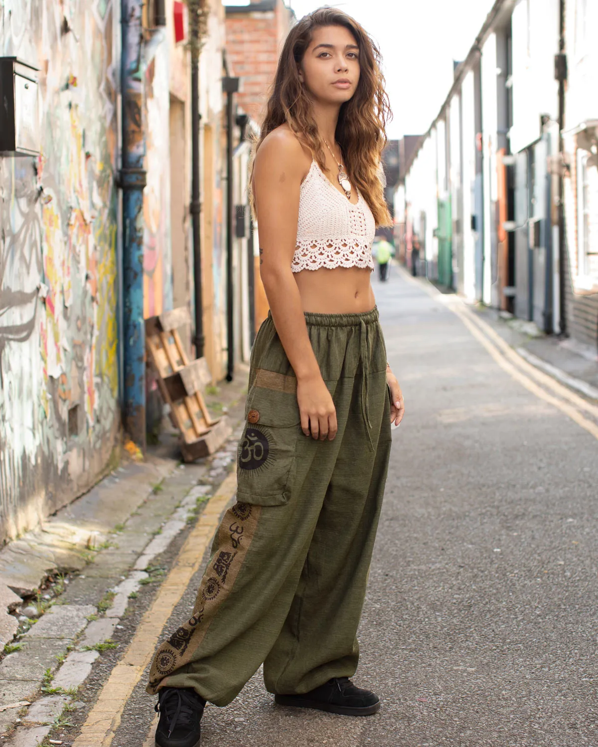 Ohm Celestial Print Parachute Harem Pants Green/Brown