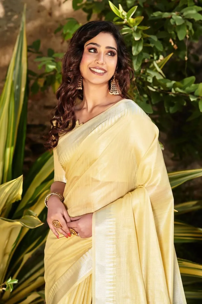 Pale Yellow Linen Tissue Silk  Saree