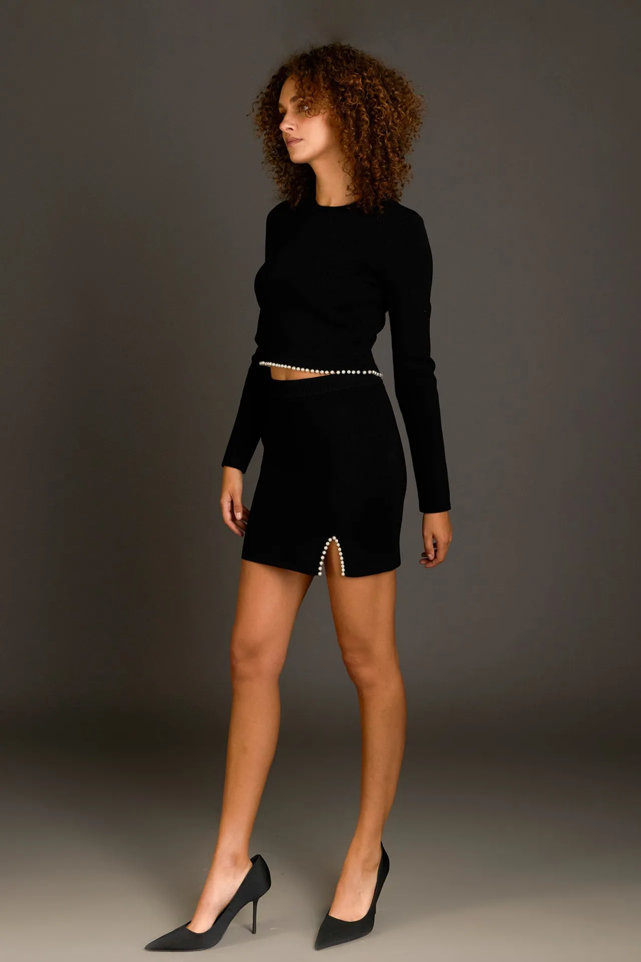 Pearl Accented Cutout Mini Skirt