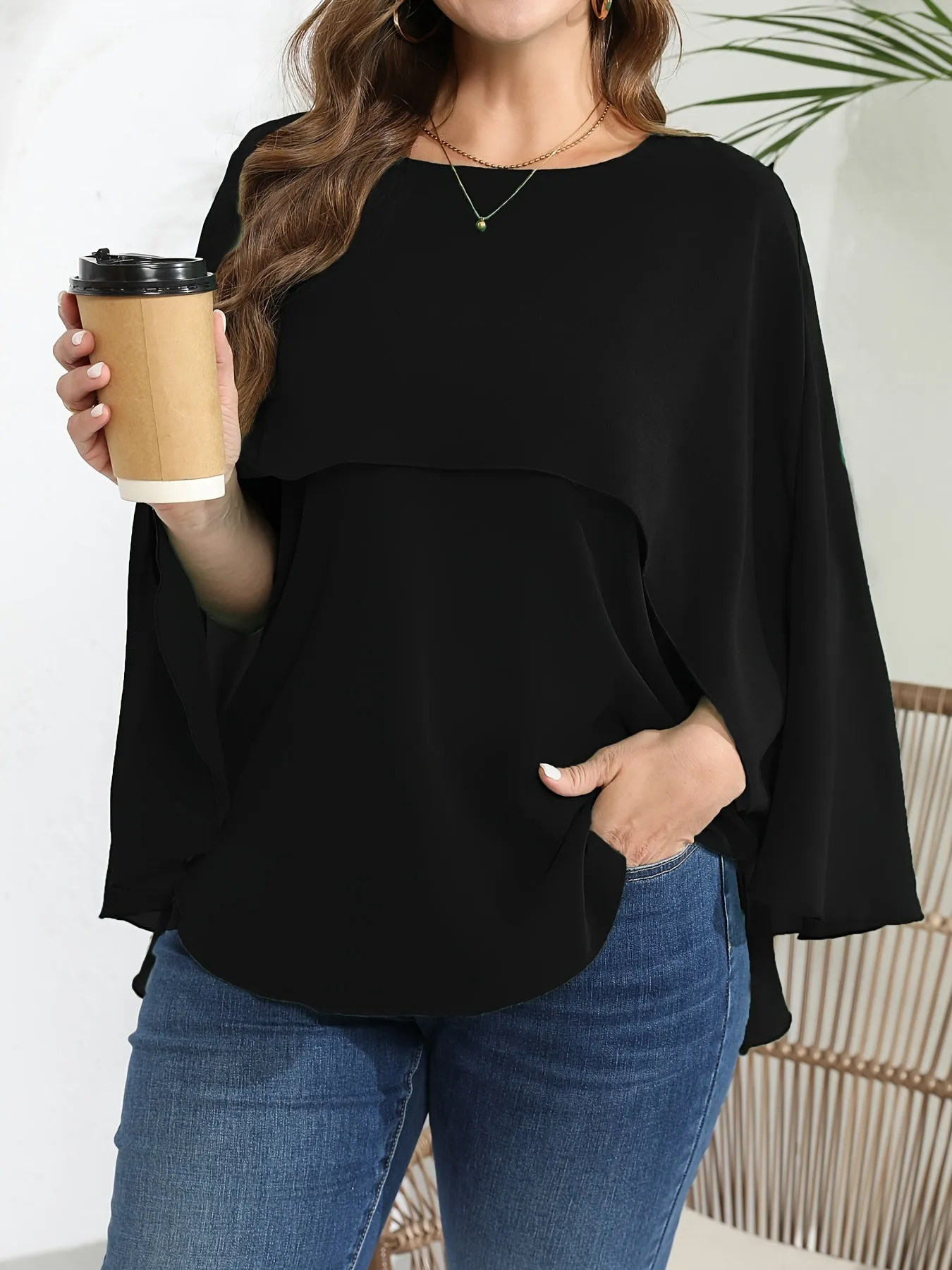 Plus Size Elegant Batwing Sleeve Crew Neck Shirt - Semi-Sheer, Solid Color, Non-Stretch Polyester Blouse for Spring, Summer, and Fall - Woven, No Printing, Shirting Style Top