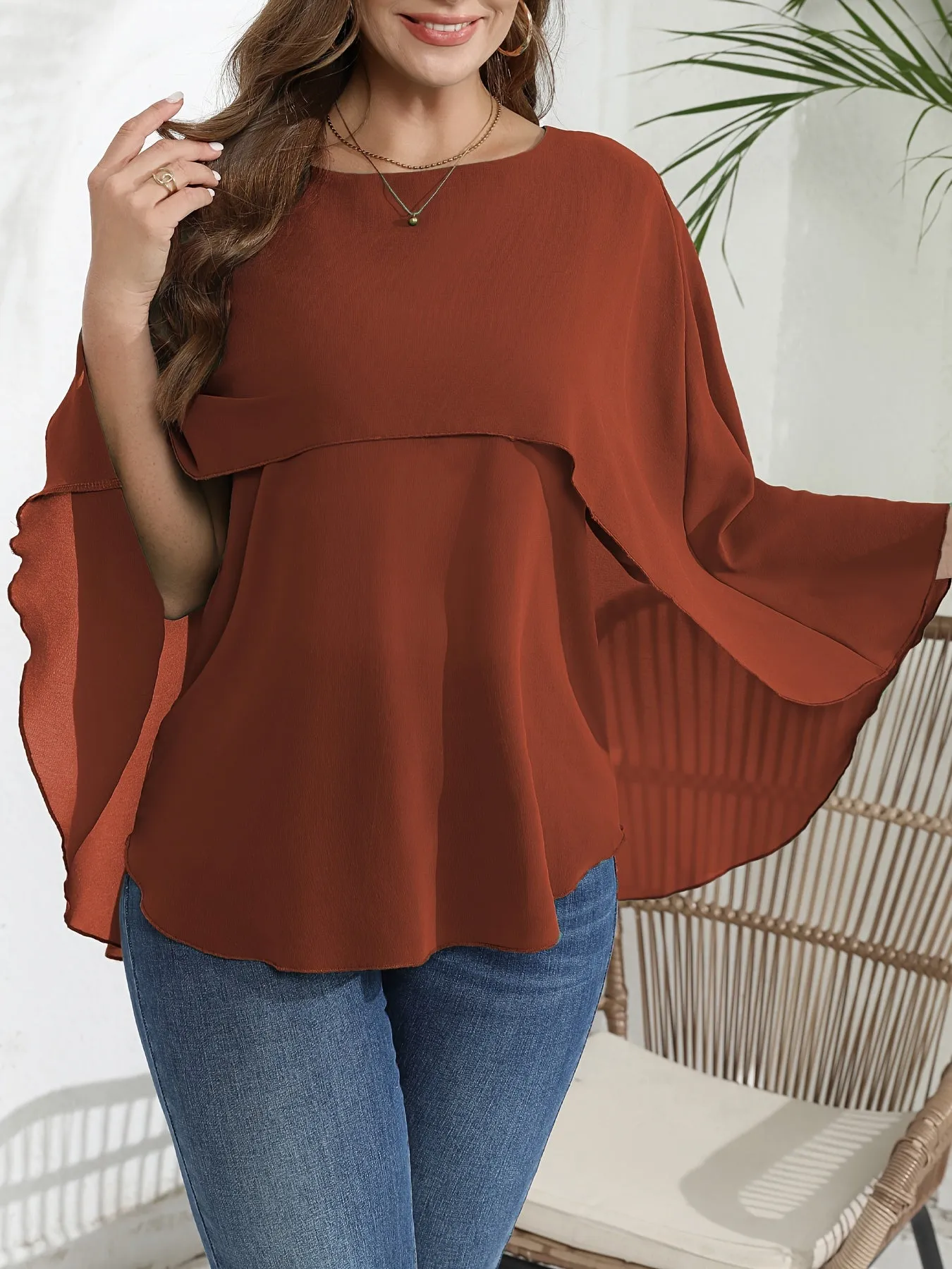 Plus Size Elegant Batwing Sleeve Crew Neck Shirt - Semi-Sheer, Solid Color, Non-Stretch Polyester Blouse for Spring, Summer, and Fall - Woven, No Printing, Shirting Style Top