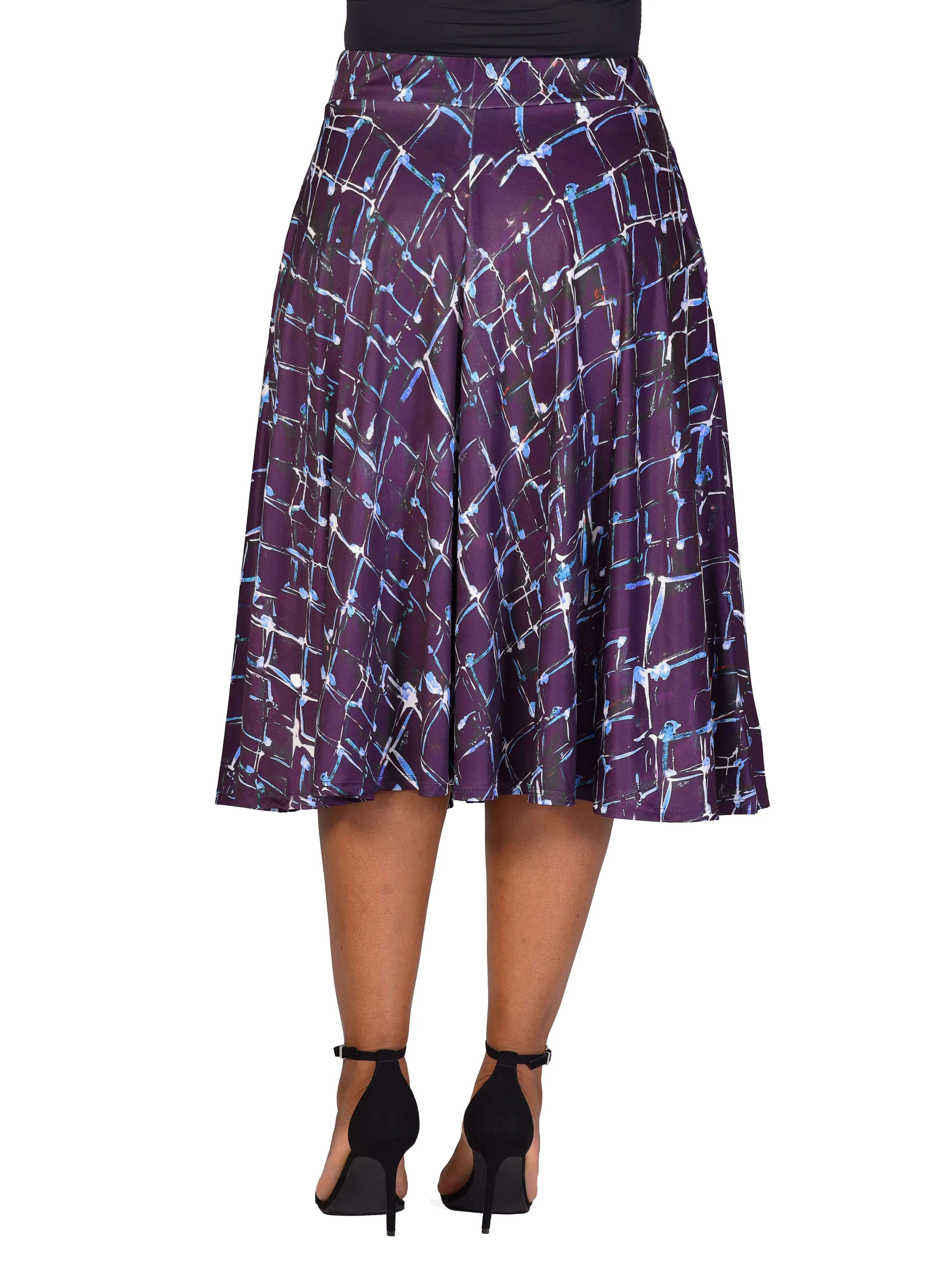 Plus Size Purple Print Elastic Waist Pocket Midi Skirt