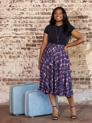 Plus Size Purple Print Elastic Waist Pocket Midi Skirt