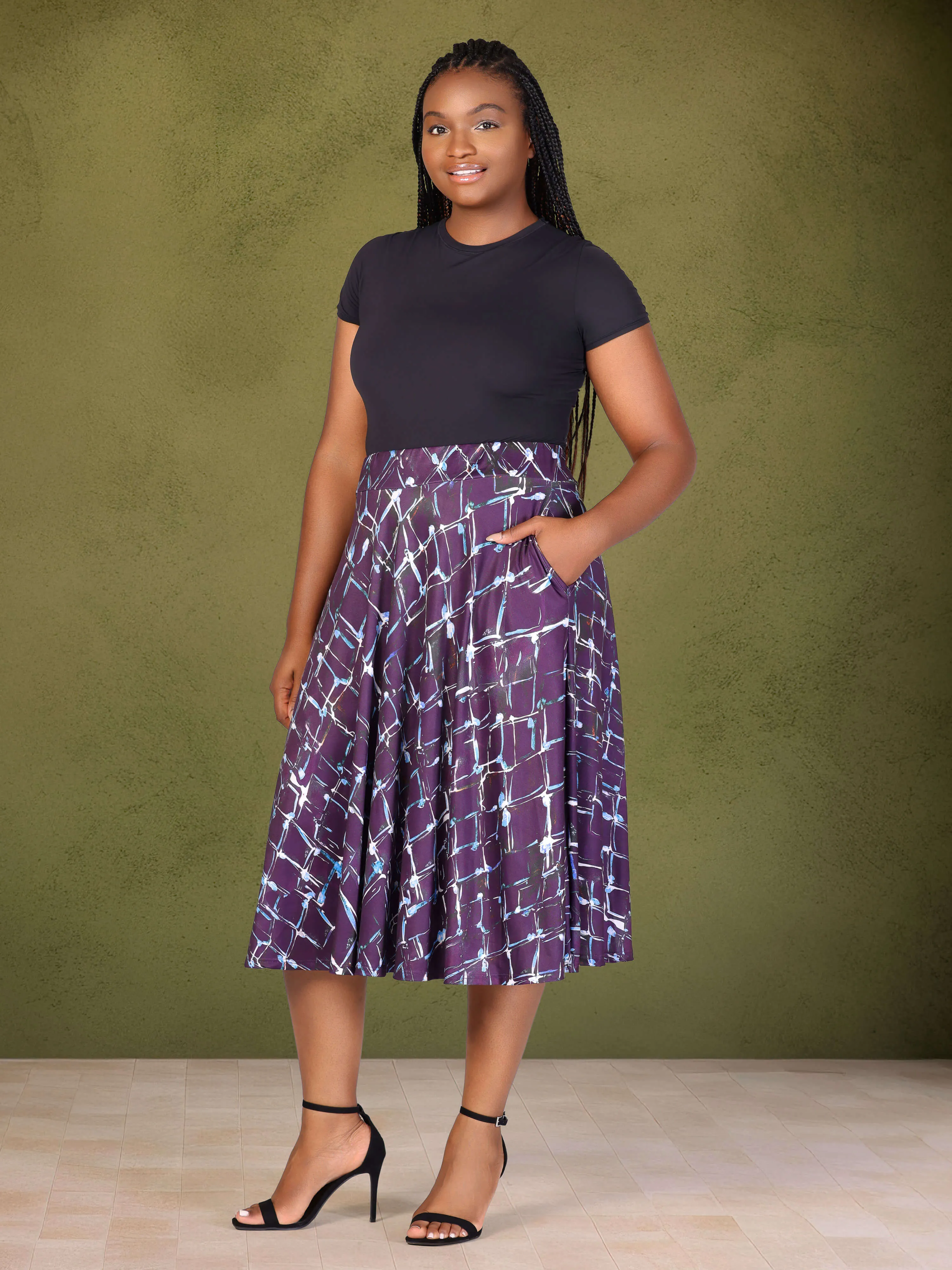 Plus Size Purple Print Elastic Waist Pocket Midi Skirt