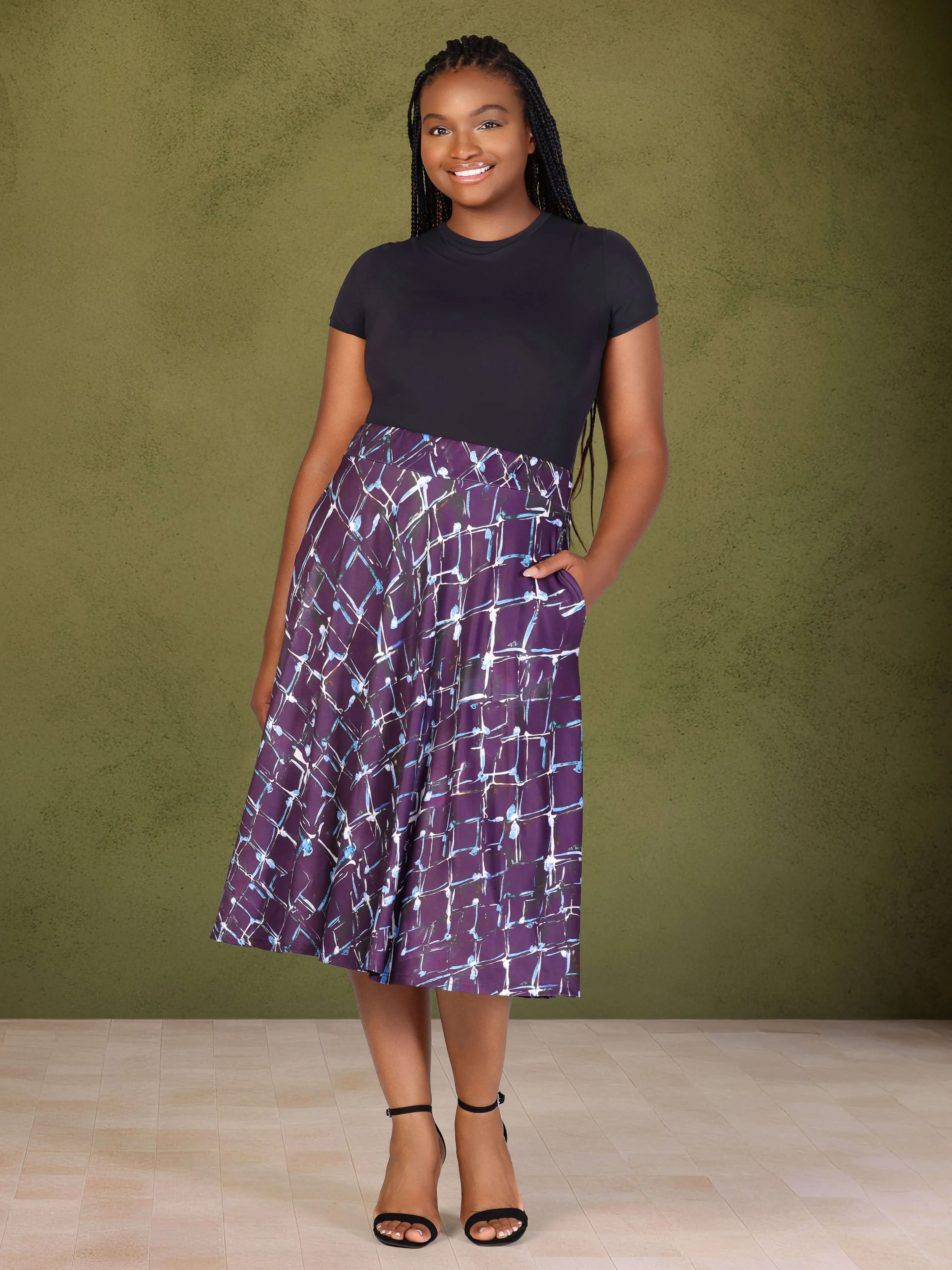 Plus Size Purple Print Elastic Waist Pocket Midi Skirt