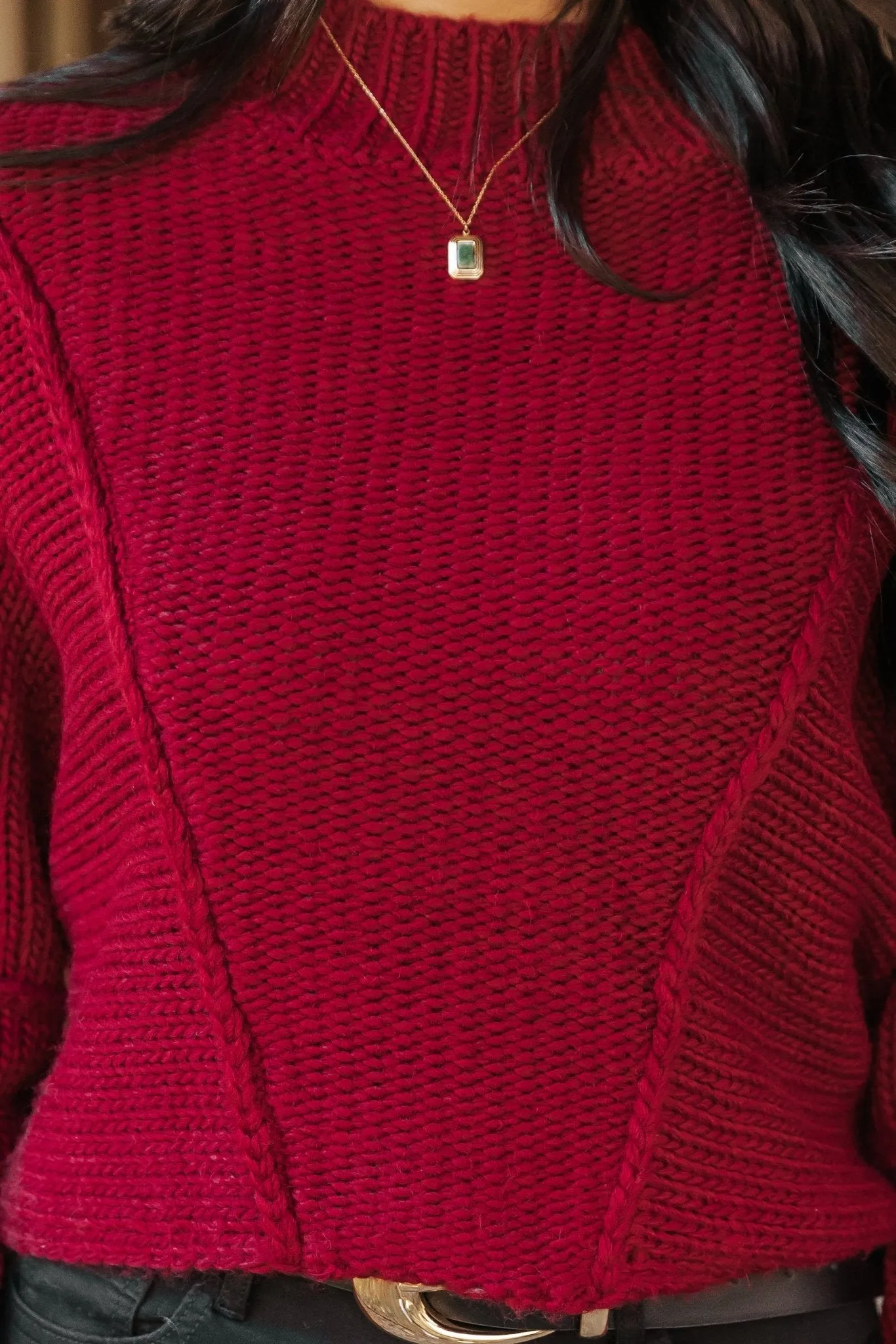 Seam Detail Mock Neck Sweater - Wine