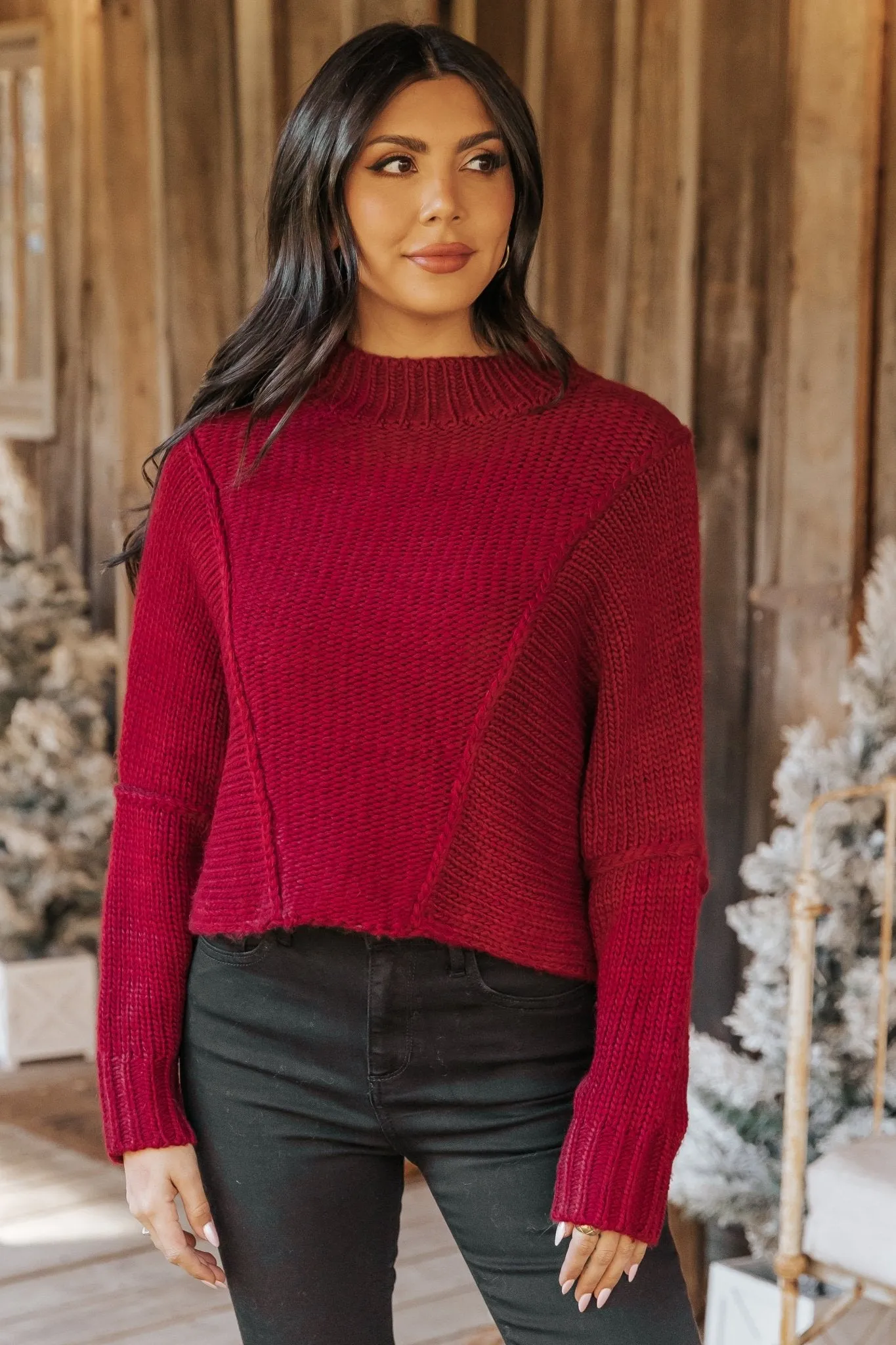 Seam Detail Mock Neck Sweater - Wine