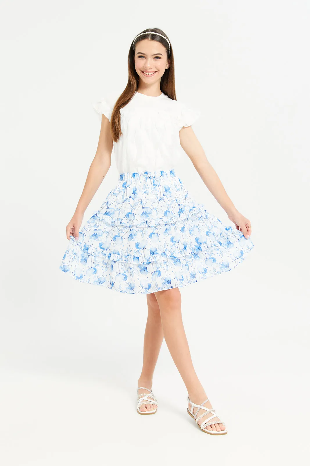 Senior Girls White Floral Tiered Skirts