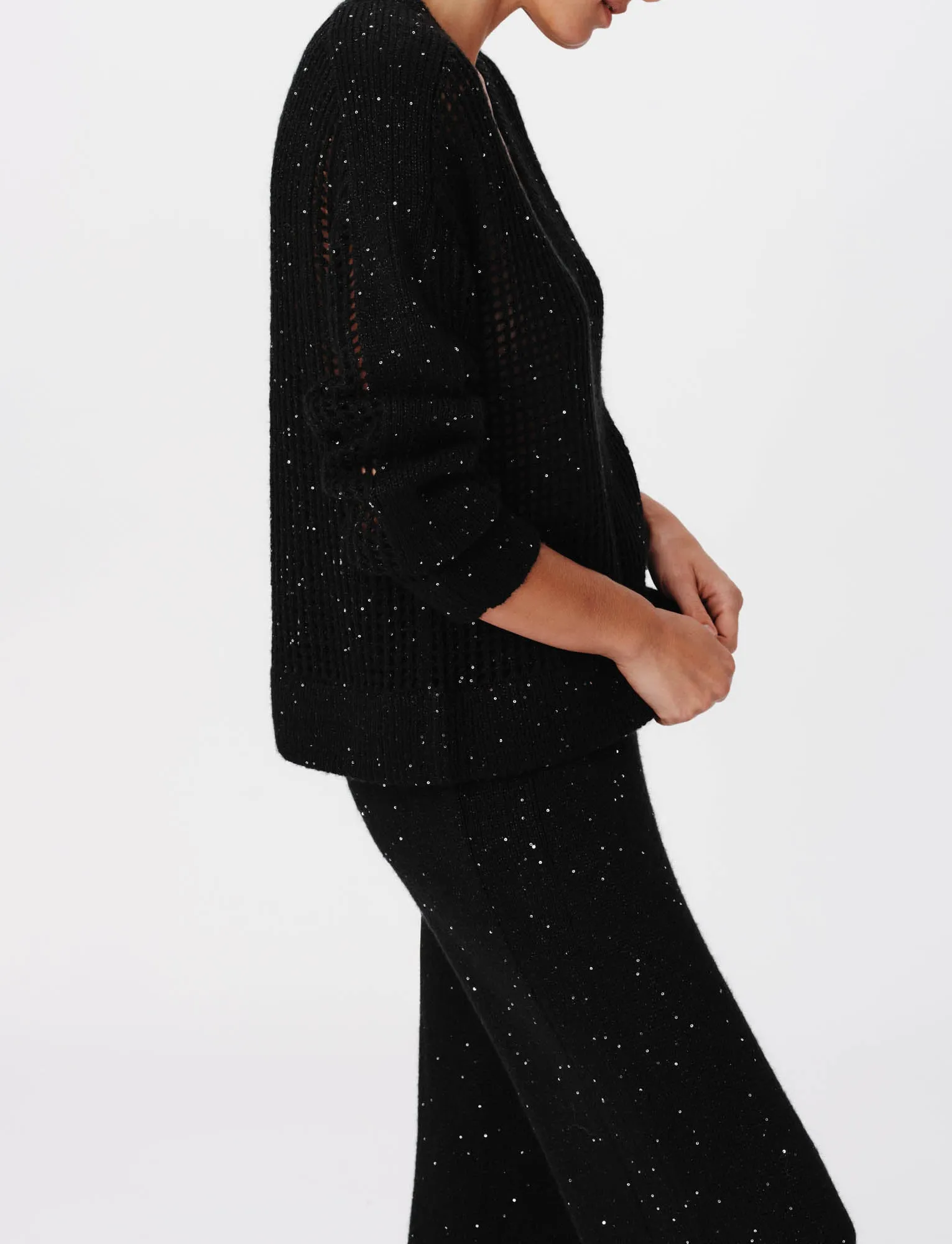 Sequin Wool Blend Net Stitch Sweater - Black