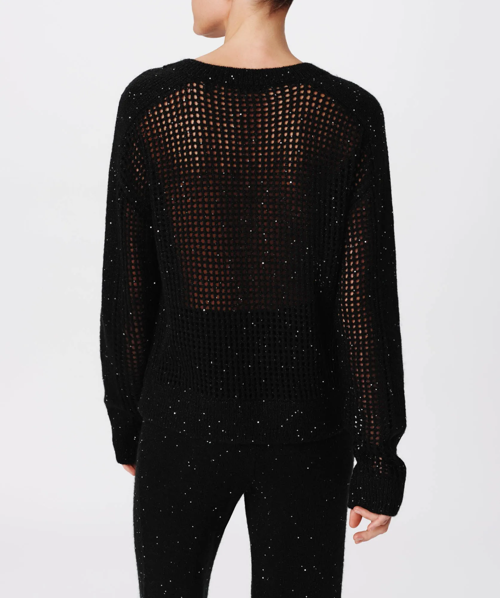 Sequin Wool Blend Net Stitch Sweater - Black