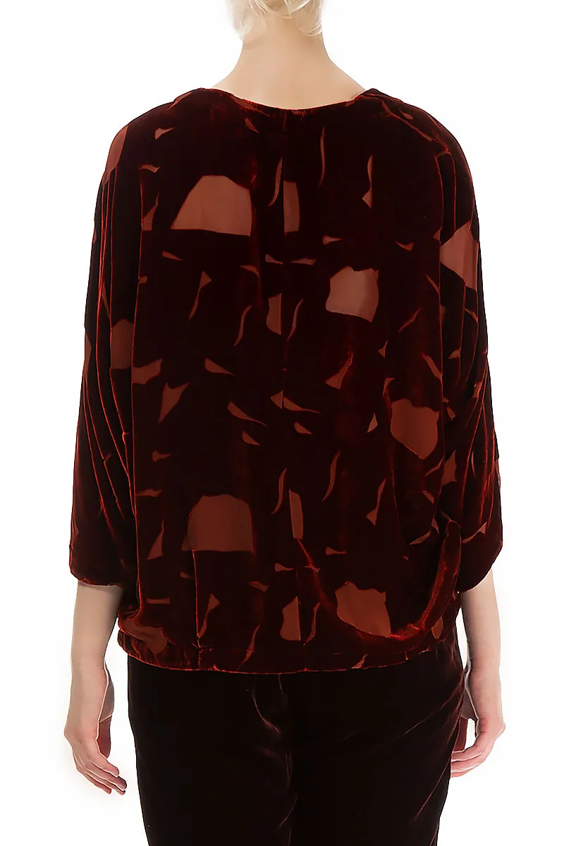 Short Abstract Devoré Brick Silk Velvet Blouse