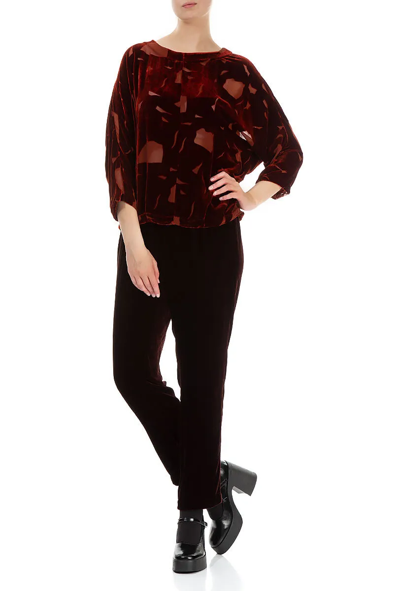 Short Abstract Devoré Brick Silk Velvet Blouse