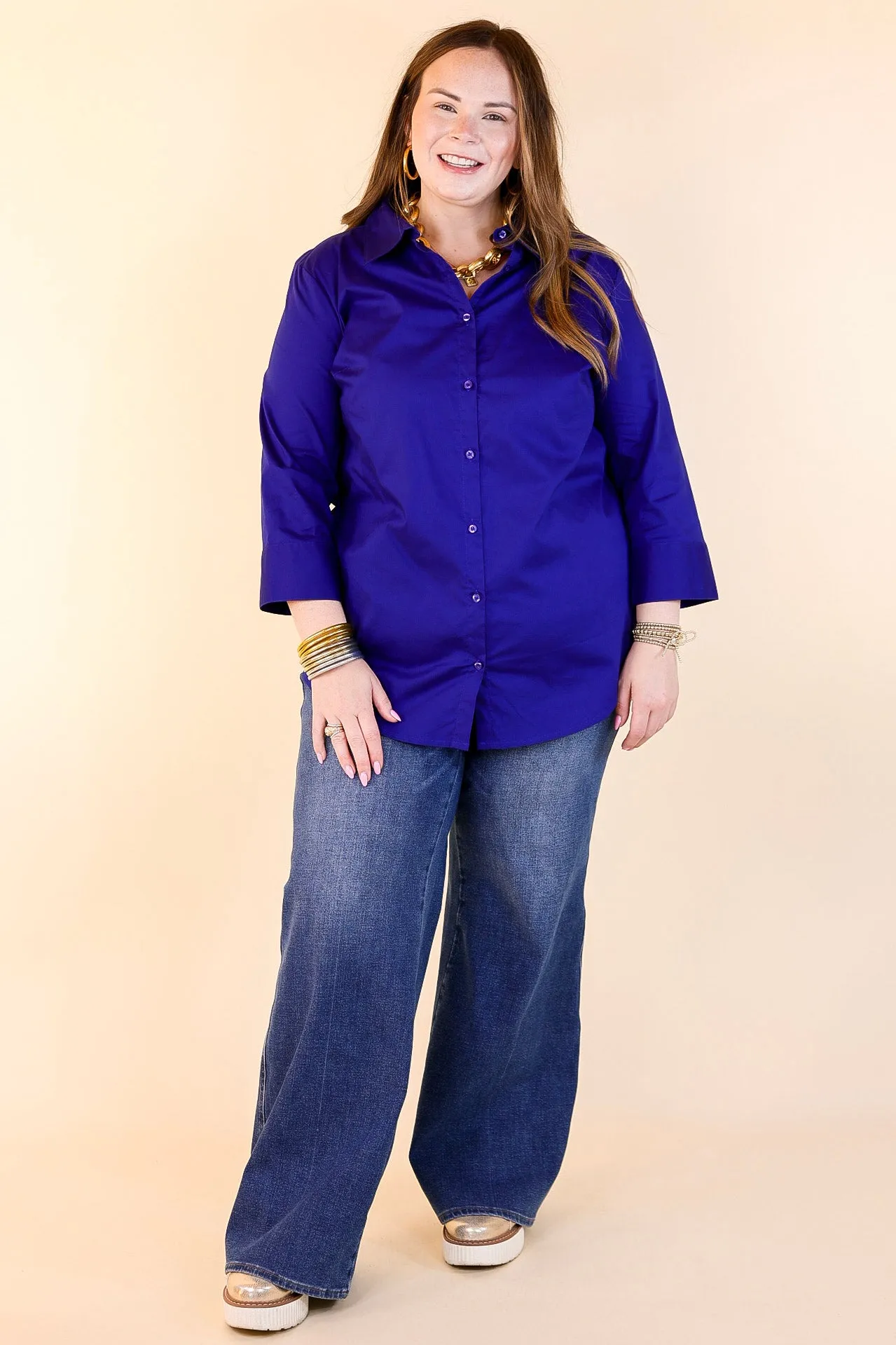 Simply Chic Collared Button Up Top with 3/4 Sleeves in Royal Blue