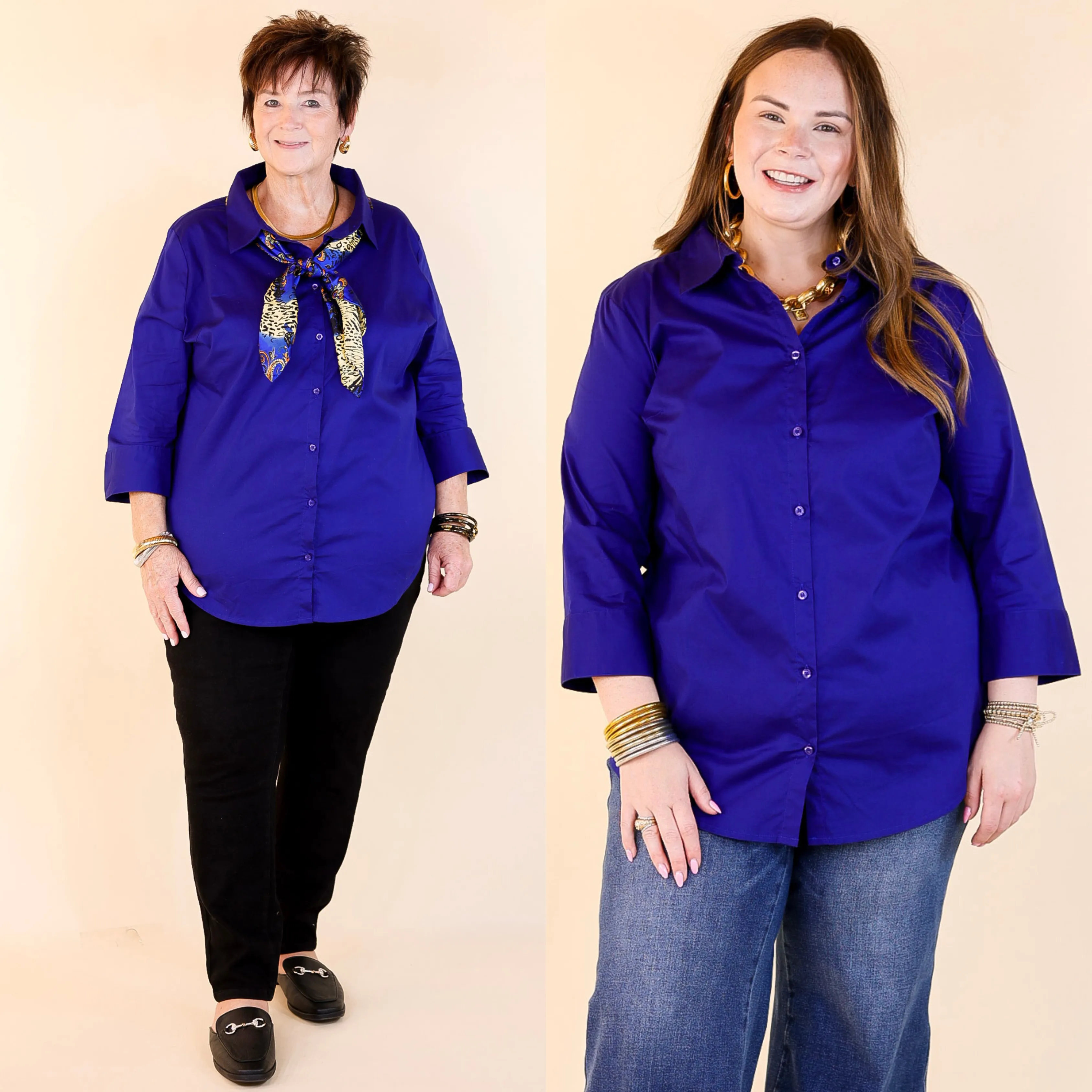 Simply Chic Collared Button Up Top with 3/4 Sleeves in Royal Blue