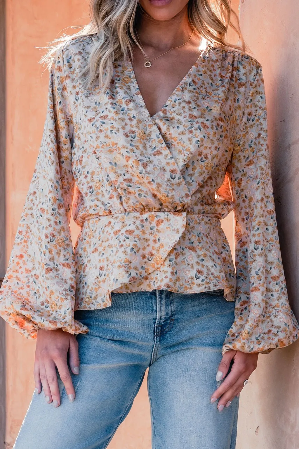 Taupe Floral Print Surplice Top