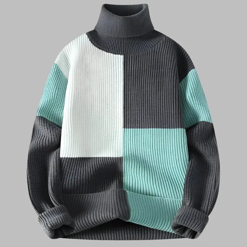 Turtleneck Patchwork Sweater: Knitted Men's Pullover Warm Casual Knit