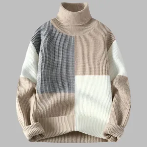 Turtleneck Patchwork Sweater: Knitted Men's Pullover Warm Casual Knit