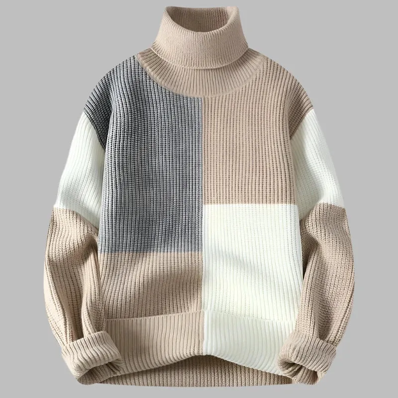 Turtleneck Patchwork Sweater: Knitted Men's Pullover Warm Casual Knit