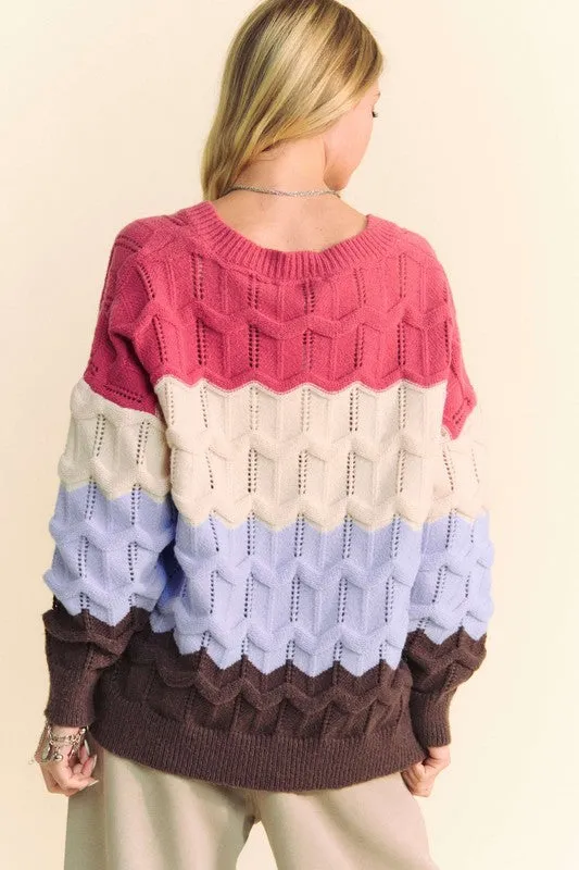 Wavy Texture Color Block V-Neck Sweater