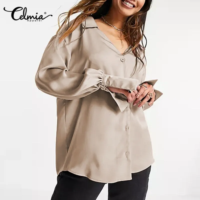 Women Satin Elegant Shirts  Fashion Long Sleeve Solid Tops Autumn Ladies Casual Lapel Collar Button Party Blouses