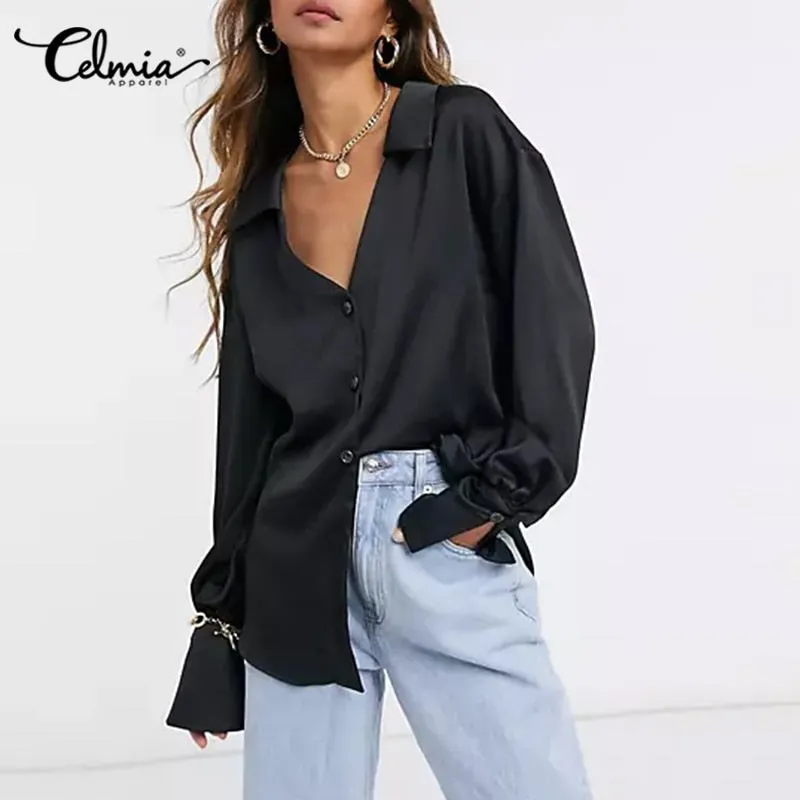 Women Satin Elegant Shirts  Fashion Long Sleeve Solid Tops Autumn Ladies Casual Lapel Collar Button Party Blouses