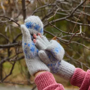 Women's Blue Blizzard Goat Wool Mitten Gloves